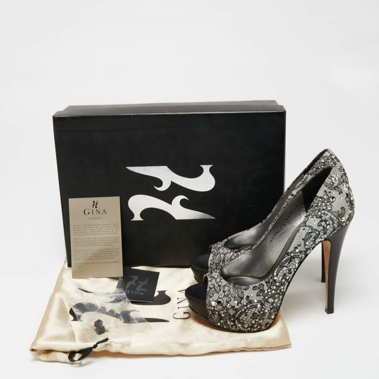 Pre Owned Gina Grey/Black Lace Crystal Embellished Open Peep  Platform Pumps Size 37