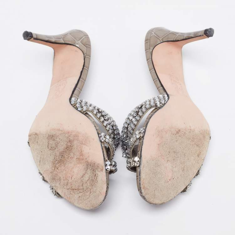 Pre Owned Gina Grey Croc Embossed Leather Crystal Embellished Slide Sandals Size 38