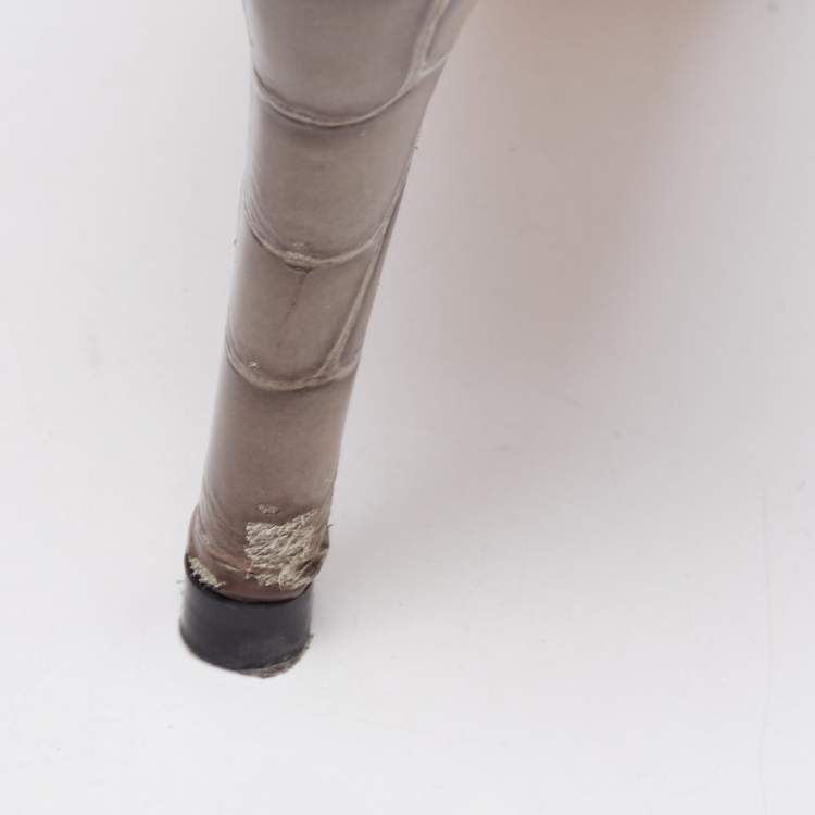 Pre Owned Gina Grey Croc Embossed Leather Crystal Embellished Slide Sandals Size 38