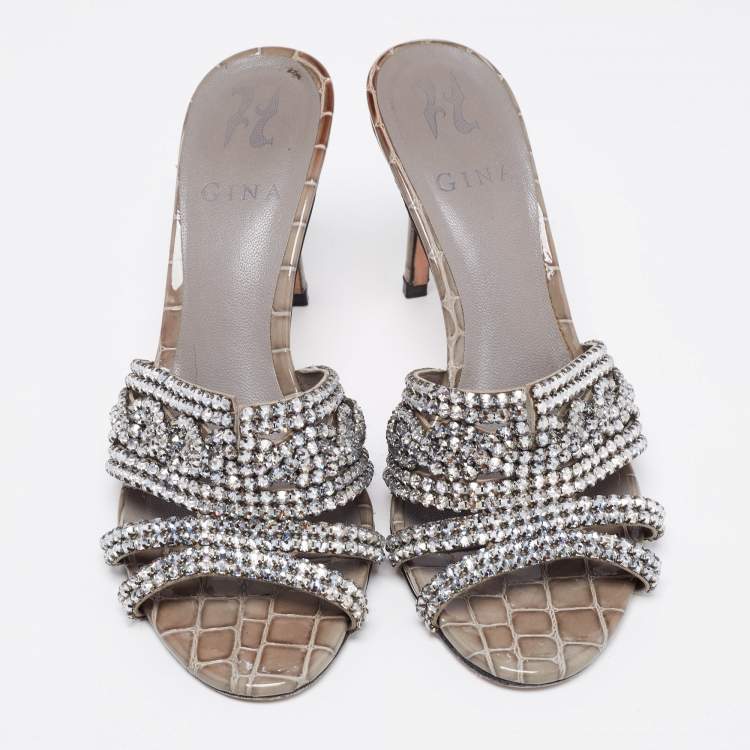 Pre Owned Gina Grey Croc Embossed Leather Crystal Embellished Slide Sandals Size 38