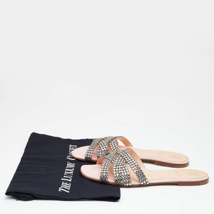 Pre Owned Gina Silver/Pink Leather Crystal Embellished Flat Slides Size 38.5