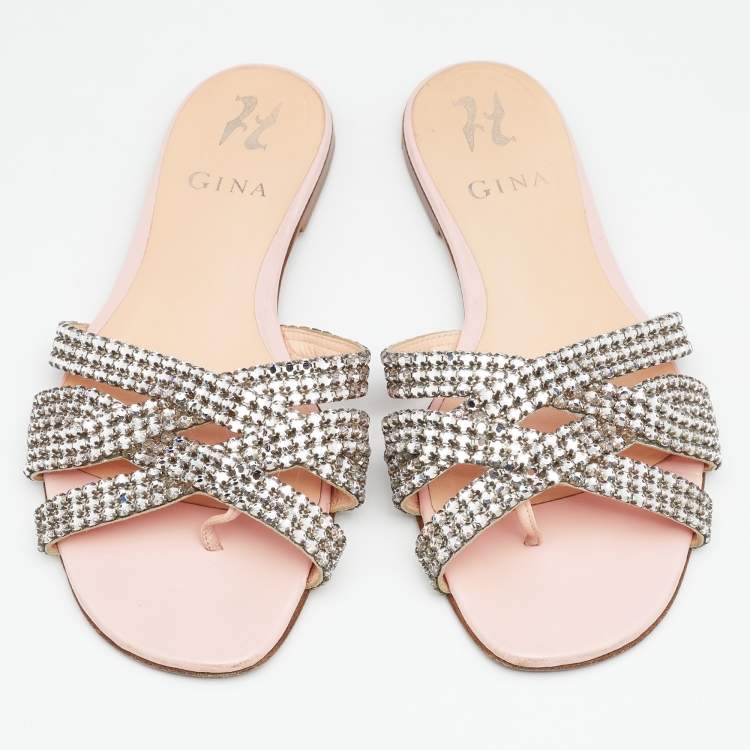 Pre Owned Gina Silver/Pink Leather Crystal Embellished Flat Slides Size 38.5