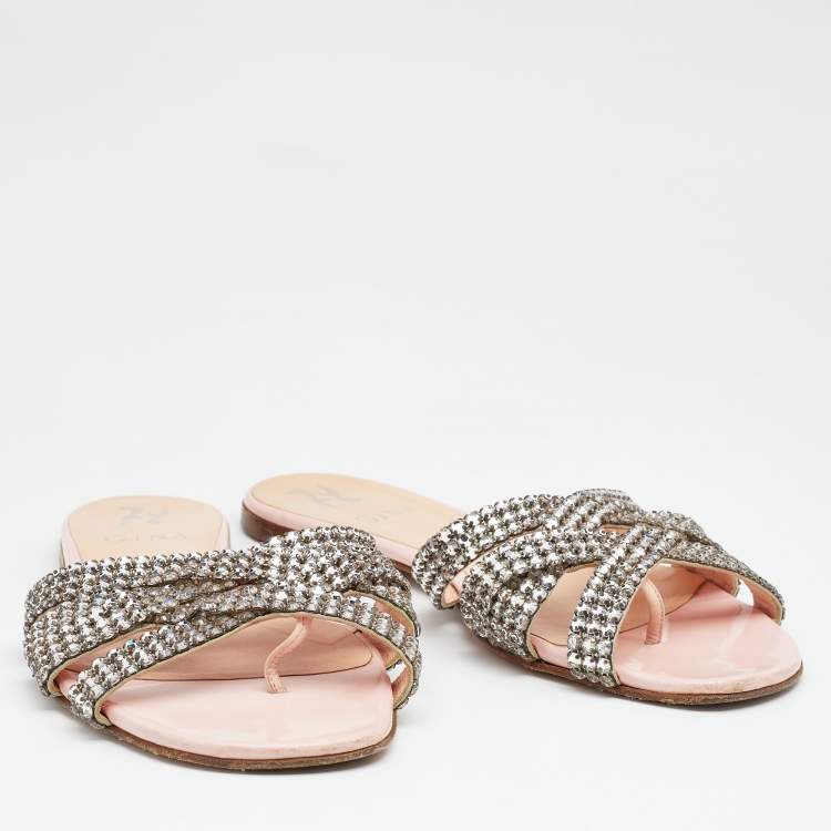 Pre Owned Gina Silver/Pink Leather Crystal Embellished Flat Slides Size 38.5