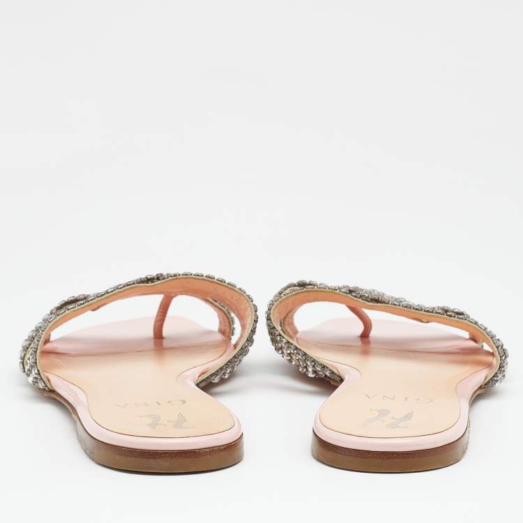 Pre Owned Gina Silver/Pink Leather Crystal Embellished Flat Slides Size 38.5
