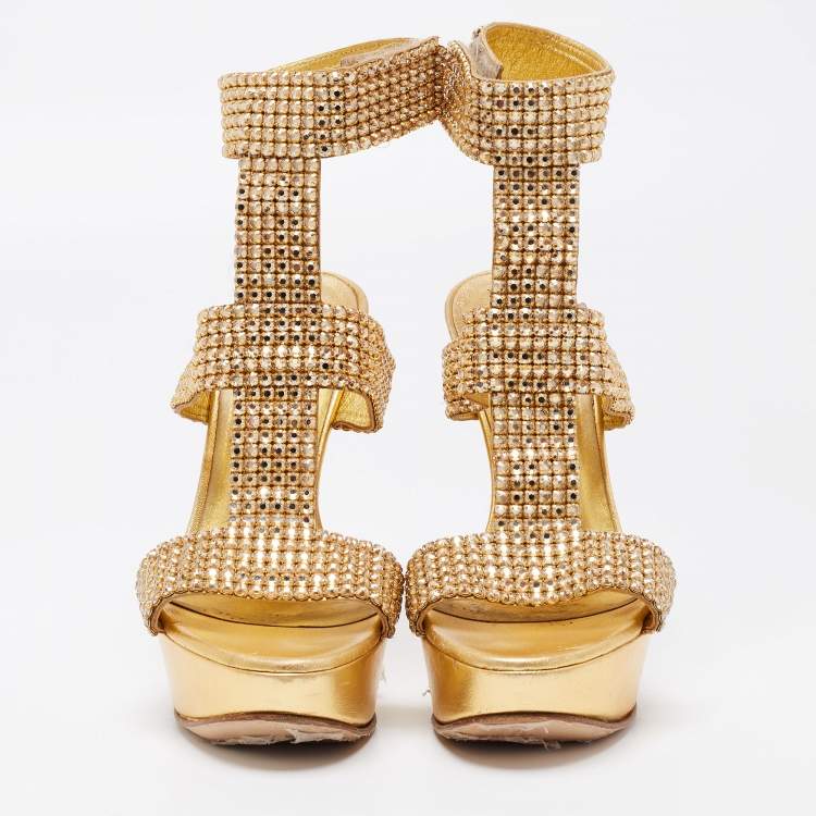 Pre Owned Gina Gold Leather Crystal Embellished Ankle Cuff Sandals Size 37
