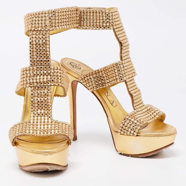 Pre Owned Gina Gold Leather Crystal Embellished Ankle Cuff Sandals Size 37