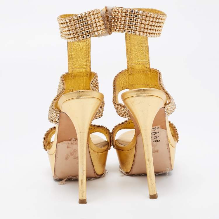 Pre Owned Gina Gold Leather Crystal Embellished Ankle Cuff Sandals Size 37