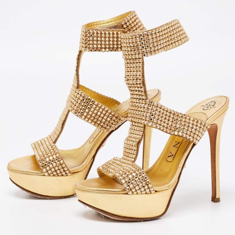 Pre Owned Gina Gold Leather Crystal Embellished Ankle Cuff Sandals Size 37
