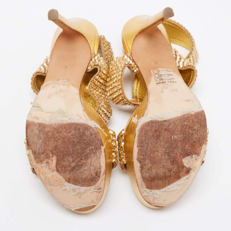 Pre Owned Gina Gold Leather Crystal Embellished Ankle Cuff Sandals Size 37
