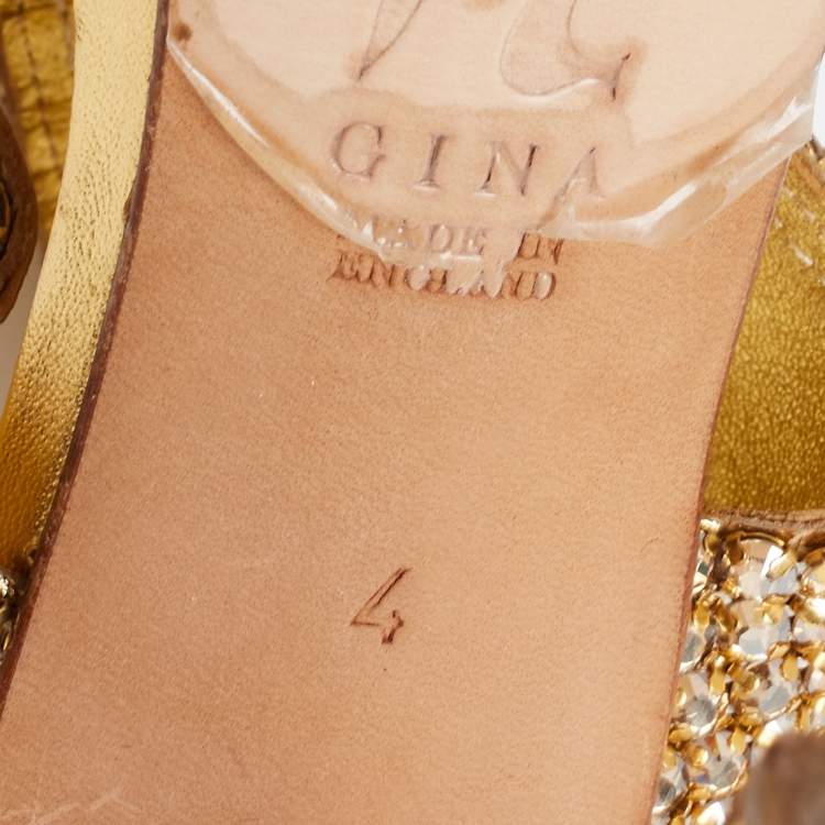 Pre Owned Gina Gold Leather Crystal Embellished Ankle Cuff Sandals Size 37