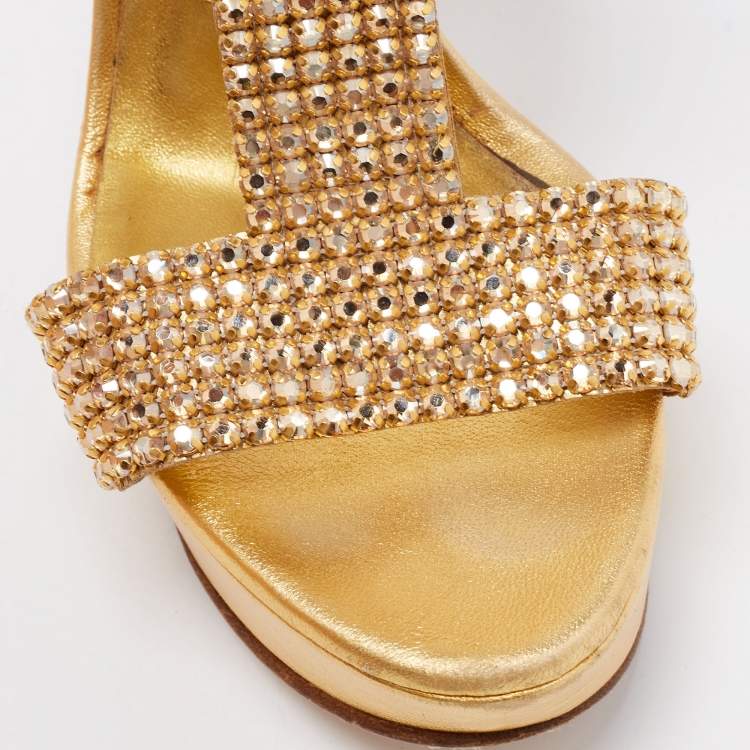 Pre Owned Gina Gold Leather Crystal Embellished Ankle Cuff Sandals Size 37
