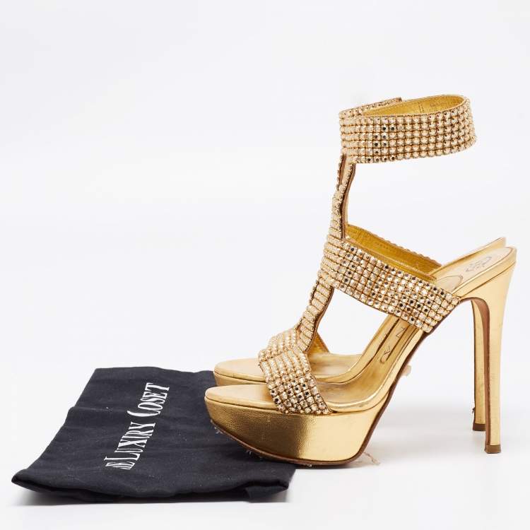 Pre Owned Gina Gold Leather Crystal Embellished Ankle Cuff Sandals Size 37