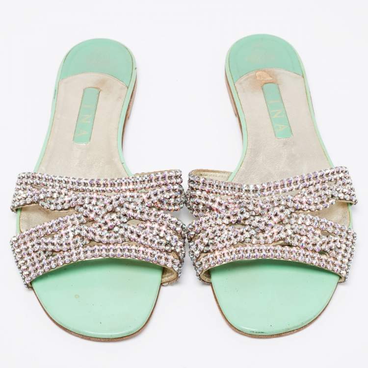 Pre Owned Gina Mint Green Crystal Embellished Leather Flat Slides Size 42