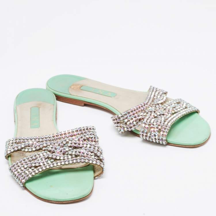 Pre Owned Gina Mint Green Crystal Embellished Leather Flat Slides Size 42
