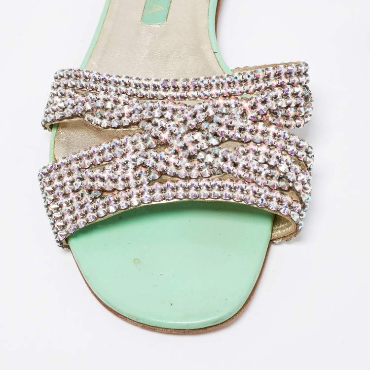 Pre Owned Gina Mint Green Crystal Embellished Leather Flat Slides Size 42