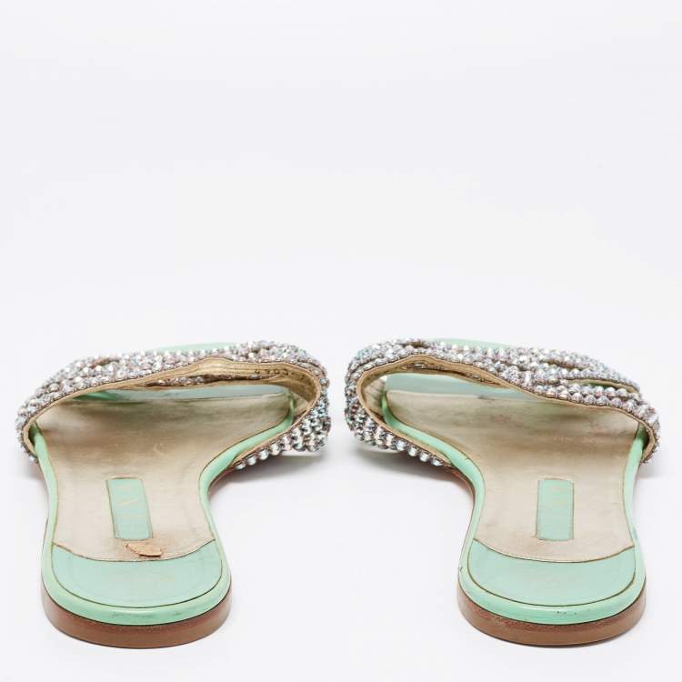 Pre Owned Gina Mint Green Crystal Embellished Leather Flat Slides Size 42