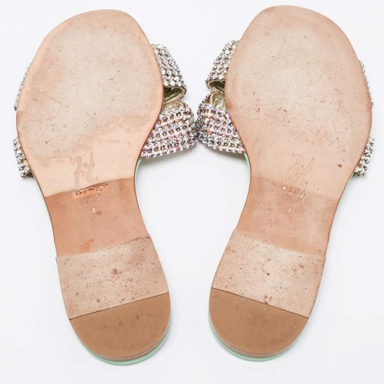 Pre Owned Gina Mint Green Crystal Embellished Leather Flat Slides Size 42