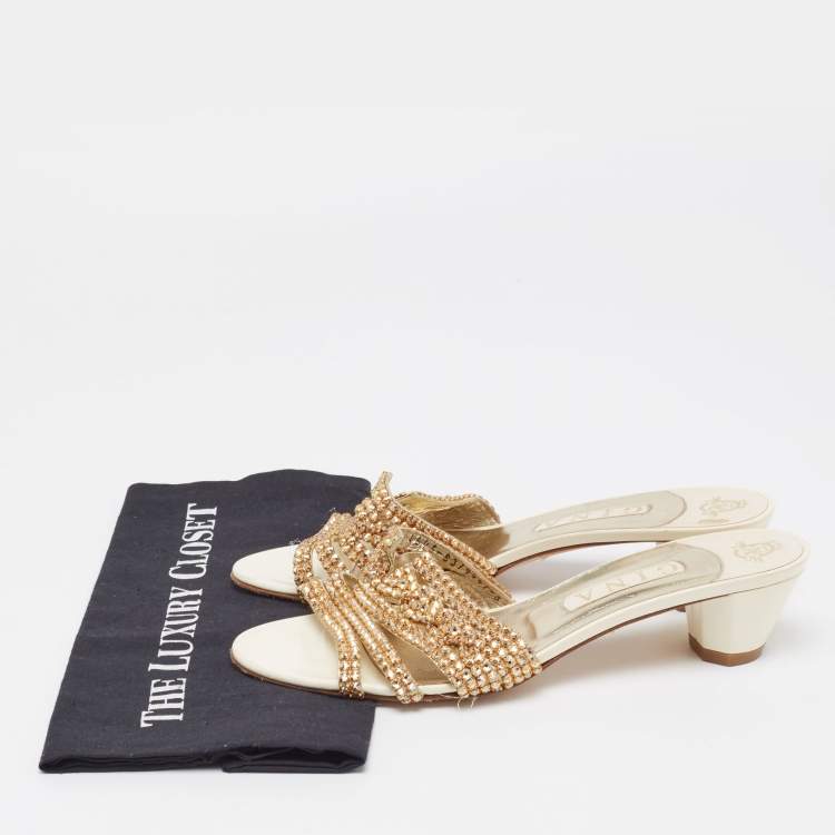 Pre Owned Gina Cream/Gold Leather Crystal Embellished Loren Slide Sandals Size 41