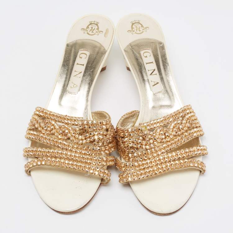 Pre Owned Gina Cream/Gold Leather Crystal Embellished Loren Slide Sandals Size 41