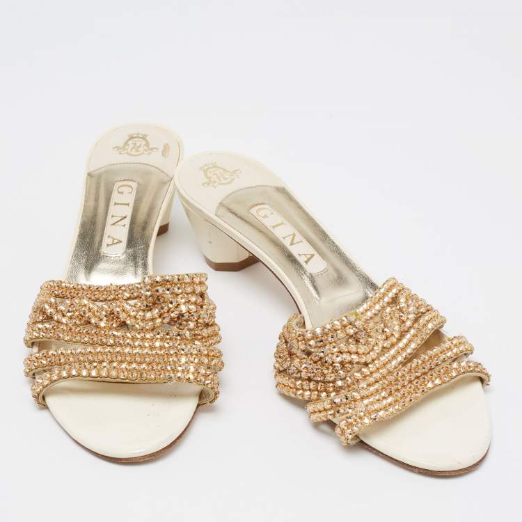Pre Owned Gina Cream/Gold Leather Crystal Embellished Loren Slide Sandals Size 41