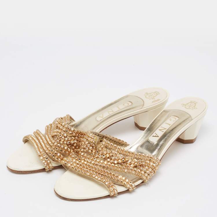 Pre Owned Gina Cream/Gold Leather Crystal Embellished Loren Slide Sandals Size 41