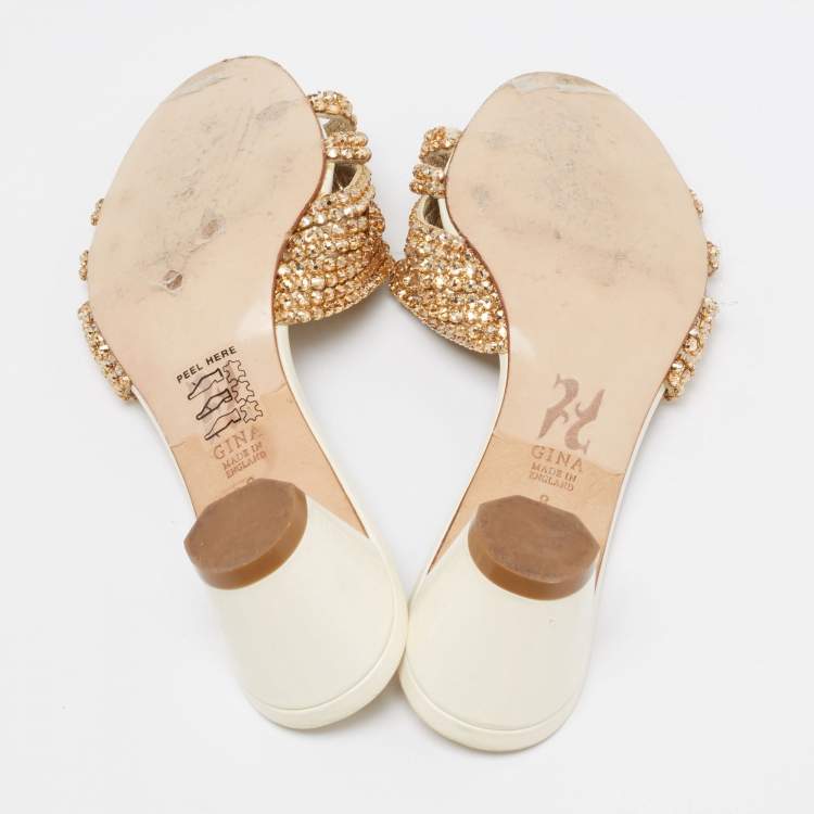 Pre Owned Gina Cream/Gold Leather Crystal Embellished Loren Slide Sandals Size 41