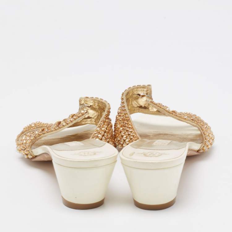 Pre Owned Gina Cream/Gold Leather Crystal Embellished Loren Slide Sandals Size 41