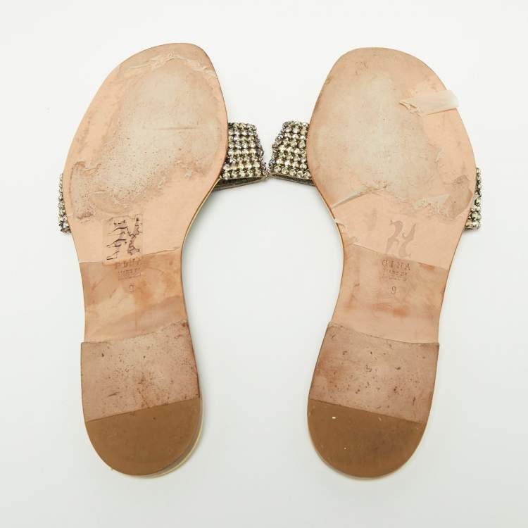 Pre Owned Gina Light Yellow Crystal Embellished Leather Flat Slides Size 42