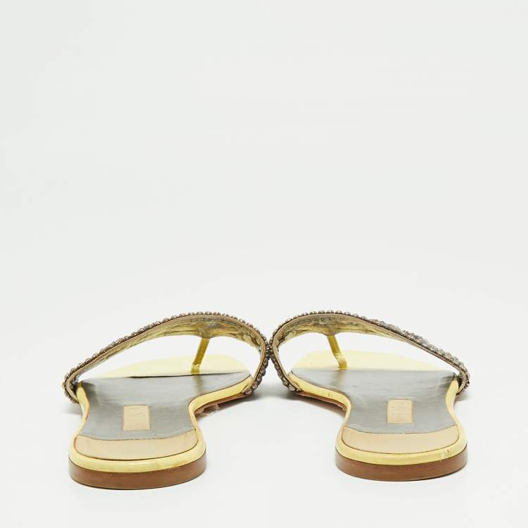 Pre Owned Gina Light Yellow Crystal Embellished Leather Flat Slides Size 42