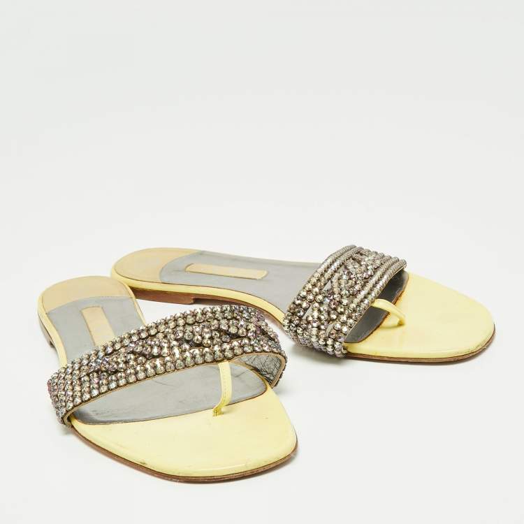Pre Owned Gina Light Yellow Crystal Embellished Leather Flat Slides Size 42