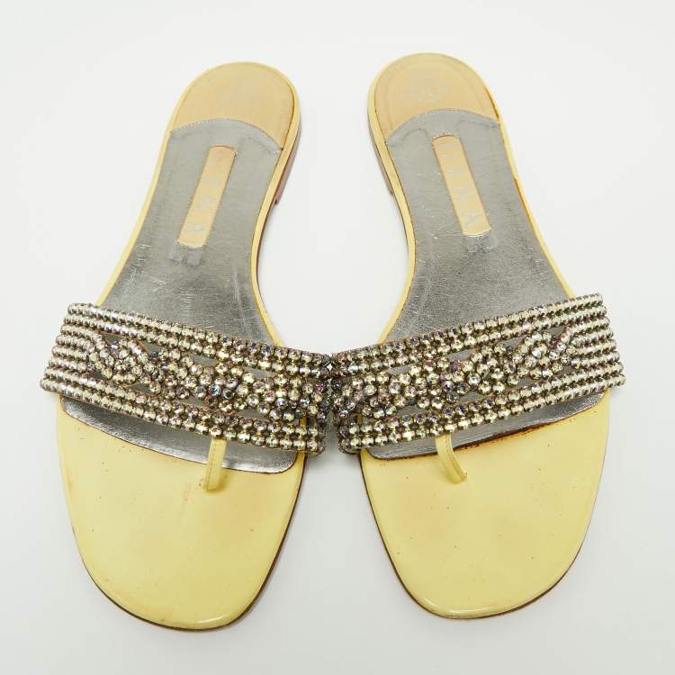 Pre Owned Gina Light Yellow Crystal Embellished Leather Flat Slides Size 42