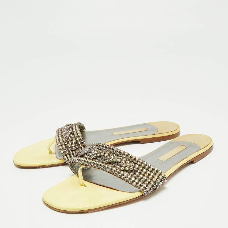 Pre Owned Gina Light Yellow Crystal Embellished Leather Flat Slides Size 42