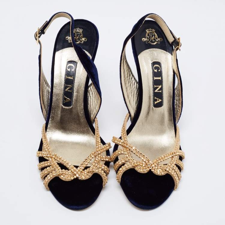Pre Owned Gina Navy Blue/Gold Velvet Crystal Embellished Slingback Sandals Size 38.5
