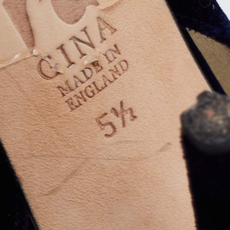 Pre Owned Gina Navy Blue/Gold Velvet Crystal Embellished Slingback Sandals Size 38.5