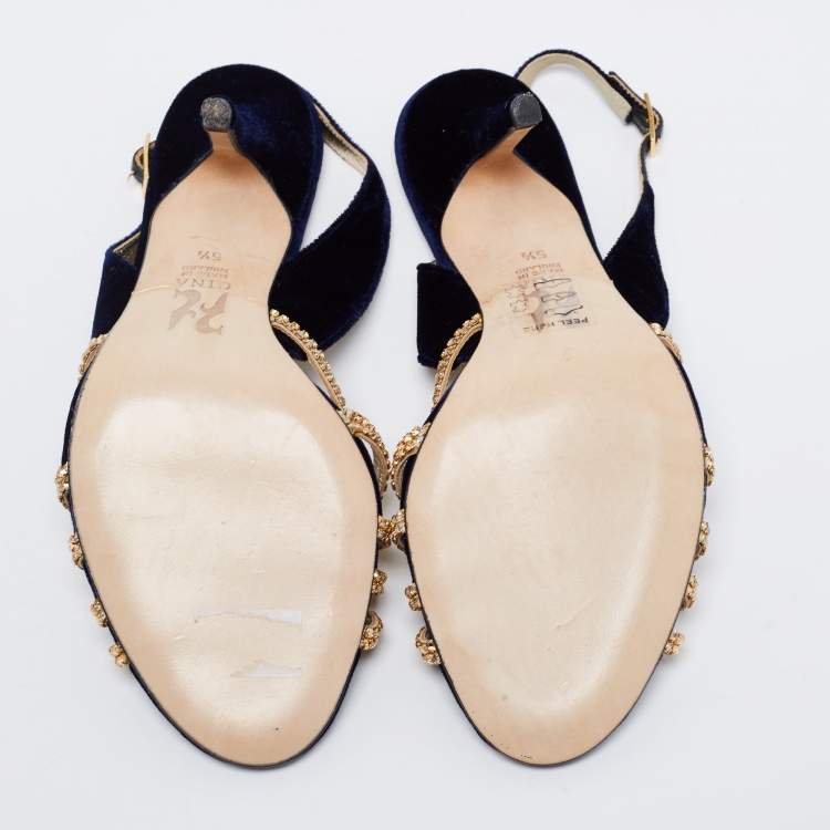 Pre Owned Gina Navy Blue/Gold Velvet Crystal Embellished Slingback Sandals Size 38.5