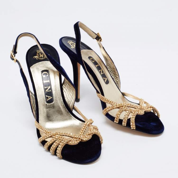 Pre Owned Gina Navy Blue/Gold Velvet Crystal Embellished Slingback Sandals Size 38.5