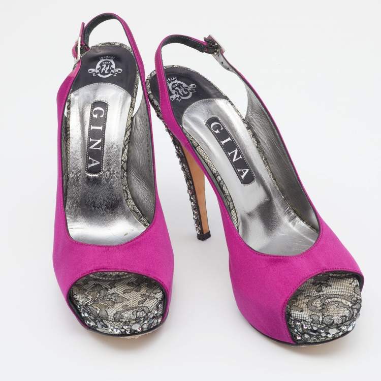 Pre Owned Gina Pink Satin Crystal Platform Slingback Sandals Size 40