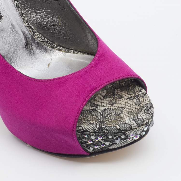 Pre Owned Gina Pink Satin Crystal Platform Slingback Sandals Size 40