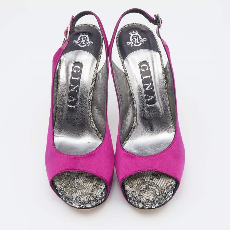 Pre Owned Gina Pink Satin Crystal Platform Slingback Sandals Size 40