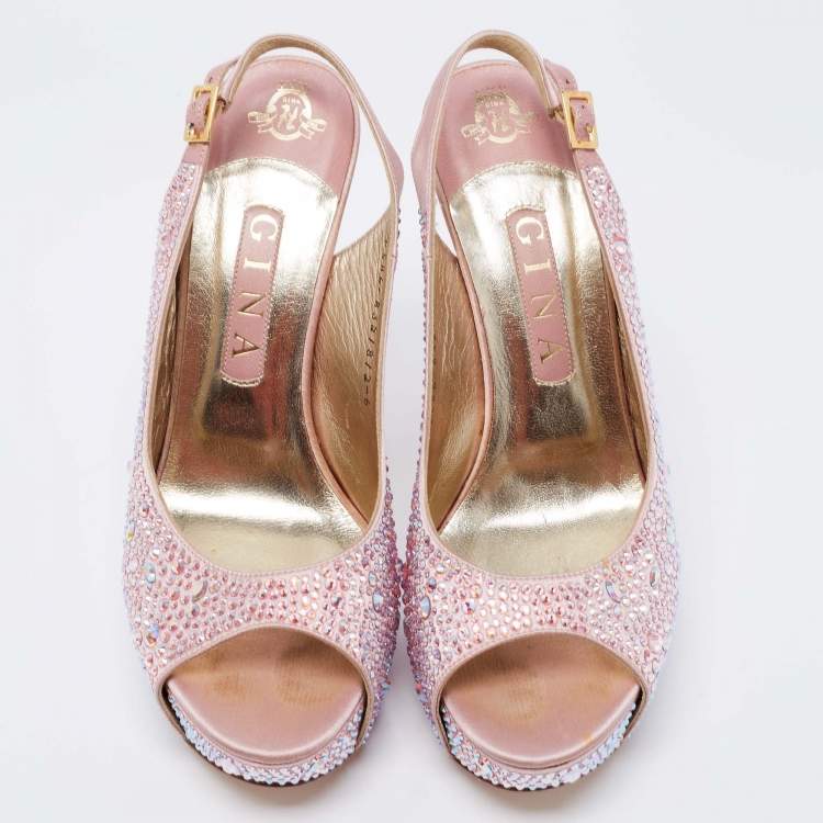 Pre Owned Gina Pink Satin Crystal Embellished Peep Toe Platform Slingback Sandals Size 39