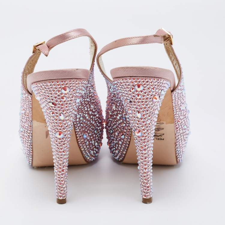 Pre Owned Gina Pink Satin Crystal Embellished Peep Toe Platform Slingback Sandals Size 39