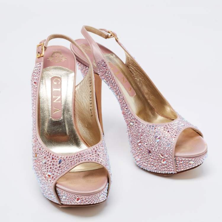 Pre Owned Gina Pink Satin Crystal Embellished Peep Toe Platform Slingback Sandals Size 39
