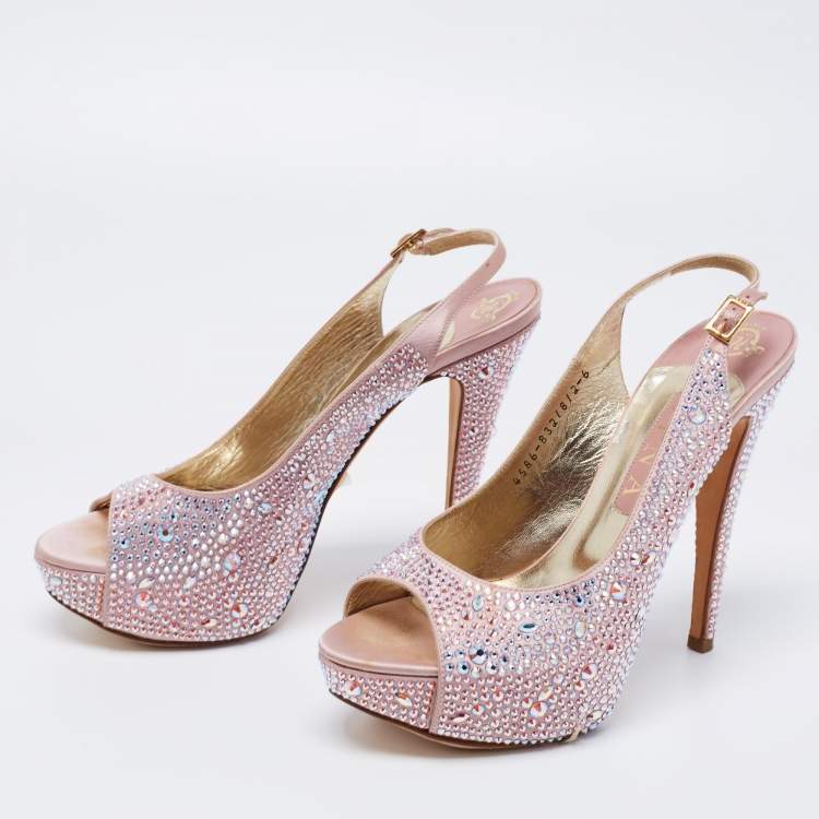 Pre Owned Gina Pink Satin Crystal Embellished Peep Toe Platform Slingback Sandals Size 39