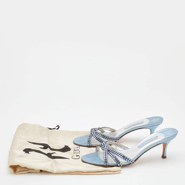Pre Owned Gina Light Blue Crystal Embellished Leather Strappy Slides Sandals Size 40