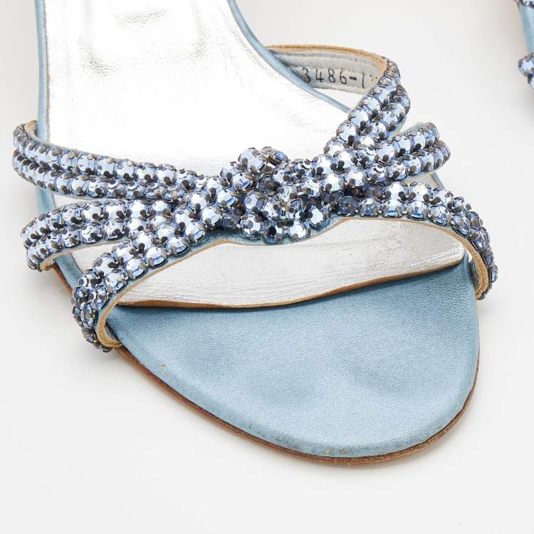 Pre Owned Gina Light Blue Crystal Embellished Leather Strappy Slides Sandals Size 40