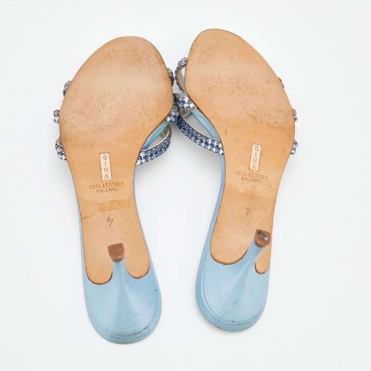 Pre Owned Gina Light Blue Crystal Embellished Leather Strappy Slides Sandals Size 40