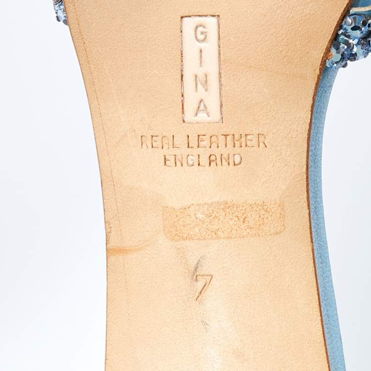 Pre Owned Gina Light Blue Crystal Embellished Leather Strappy Slides Sandals Size 40
