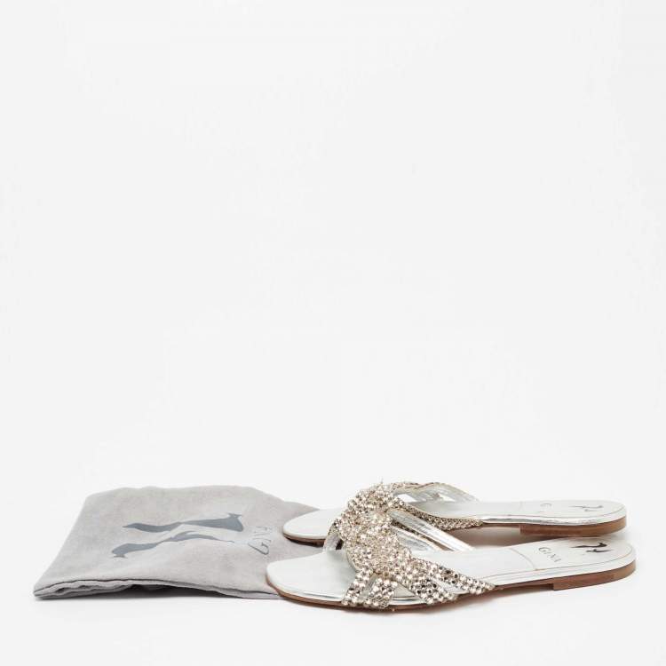 Pre Owned Gina Silver Crystal Embellished Leather Flat Slides Size 39