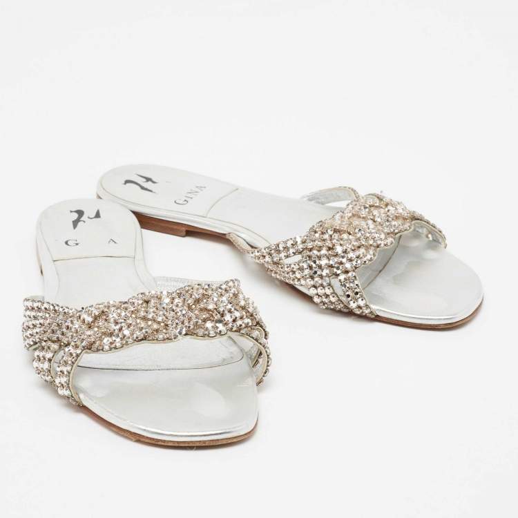 Pre Owned Gina Silver Crystal Embellished Leather Flat Slides Size 39