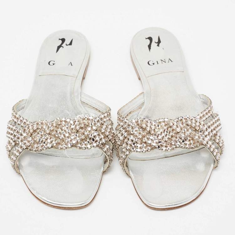 Pre Owned Gina Silver Crystal Embellished Leather Flat Slides Size 39